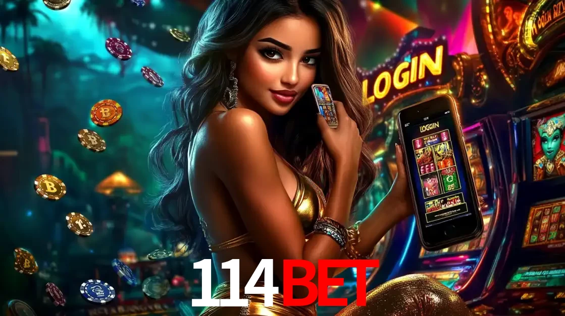 Mulher em um cenário de cassino temático de aventura, mostrando o app de caça-níqueis da 114BET no celular. Fichas de apostas flutuam ao redor.