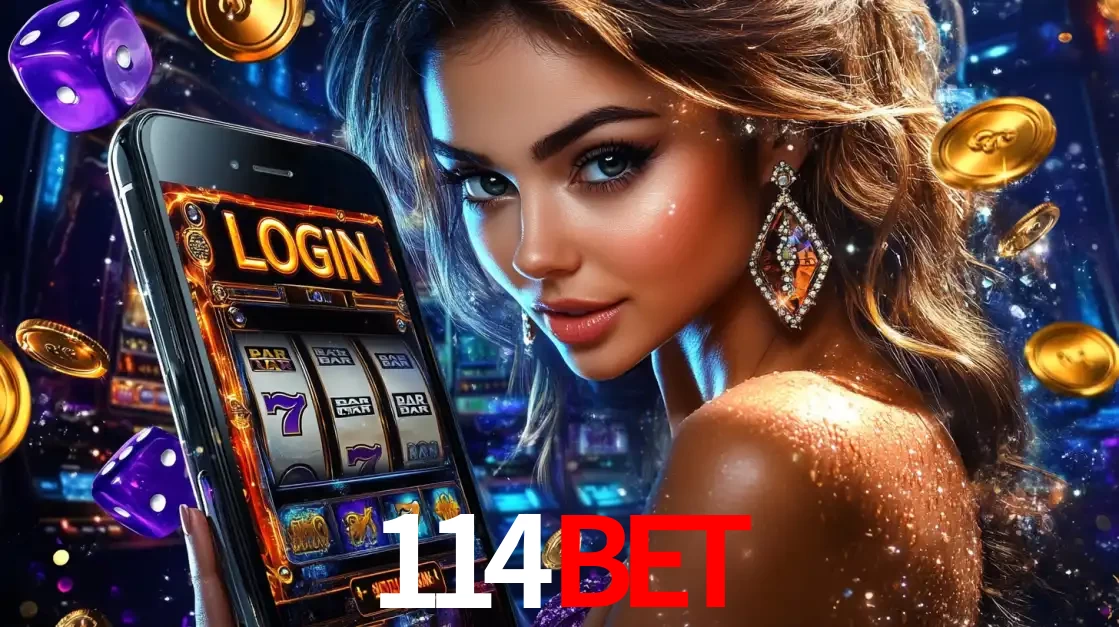 Mulher glamorosa segurando um smartphone com a tela de login para os jogos de caça-níqueis do cassino online 114BET, com moedas de ouro e dados ao redor.