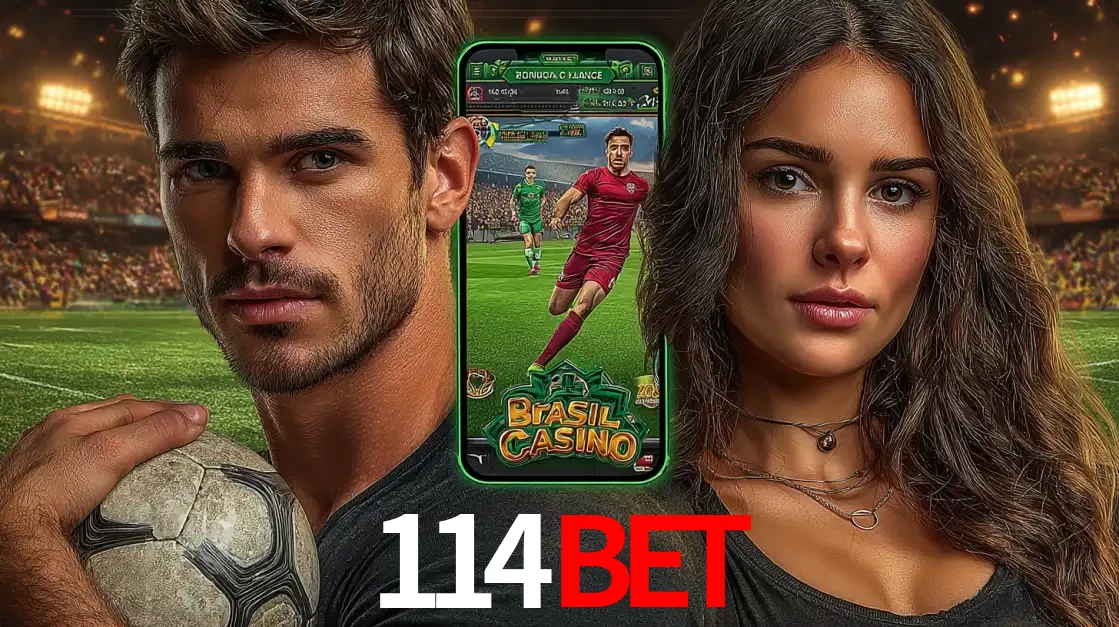 Homem segurando uma bola de futebol e uma mulher ao lado de um smartphone exibindo o jogo de apostas esportivas da 114BET. Faça seu palpite no cassino online.